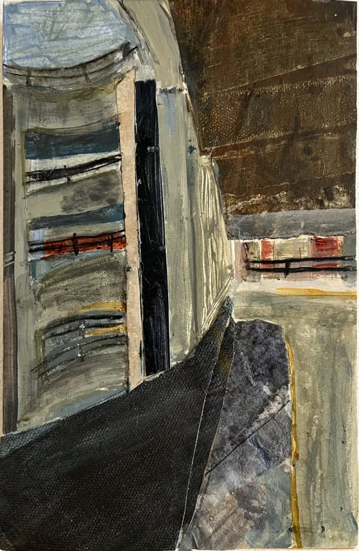 View from the spiral Ramp of a car park, Sloping downwards, showing slices of the outside world